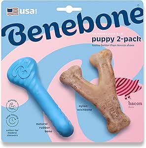 Benebone Puppy 2-Pack Rubber Bone/Wishbone Bacon T